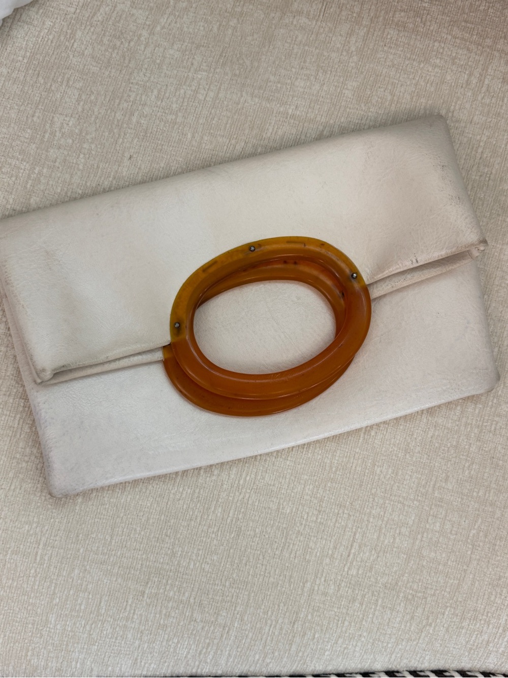 Vintage 100% Leather Cream Clutch with Amber Lucite Handles
